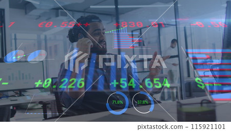 Image of financial data processing over smiling man in office using smartphone and computer Image of financial data processing over smiling man in office using smartphone and computer 115921101