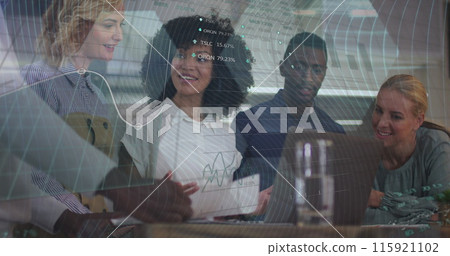 Image of statistics and data processing over smiling diverse colleagues clapping at meeting Image of statistics and data processing over smiling diverse colleagues clapping at meeting 115921102