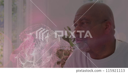 Image of moving white spots over african american man touching his forehead 115921113