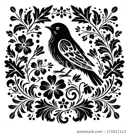 Elegant Summer Floral Bird Silhouette Illustration Clipart. Silhouette Black Motif Design with Summer Garden Forest theme for nature Crafts. 115921123