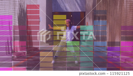 Image of colourful columns moving over biracial woman dancing 115921125
