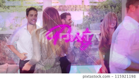 Image of party text over smiling caucasian group of friends dancing at party Image of party text over smiling caucasian group of friends dancing at party 115921198
