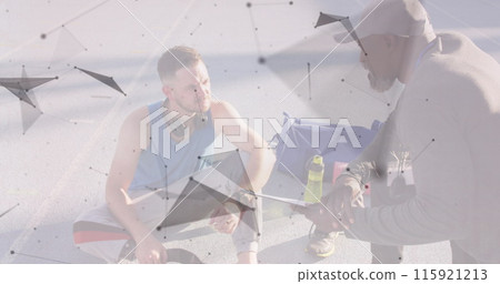 Image of geometrical shapes over african american trainer and caucasian male with running blade 115921213