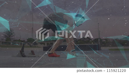 Image of geometrical shapes over caucasian man with running blade preparing to start Image of geometrical shapes over caucasian man with running blade preparing to start 115921220