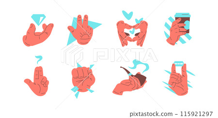 Human cartoon hands showing different stuff and gesturing big set icon vector flat illustration Human cartoon hands showing different stuff and gesturing big set icon vector flat illustration 115921297