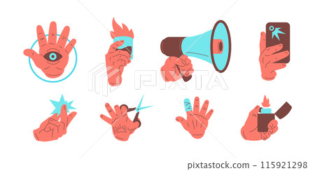 Male cartoon arm different gesture holding showing stuff set icon vector flat illustration Male cartoon arm different gesture holding showing stuff set icon vector flat illustration 115921298