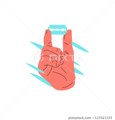 Male hand holding sharp shaving blade razor groom steel slice icon vector flat illustration Male hand holding sharp shaving blade razor groom steel slice icon vector flat illustration 115921335