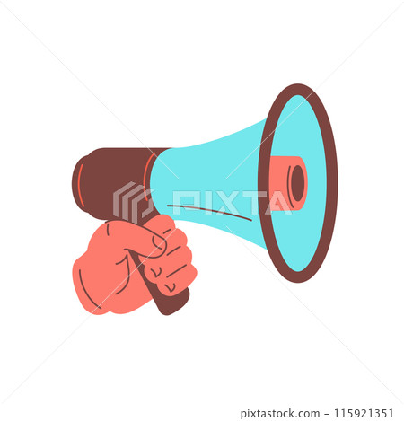 Male hand holding megaphone bullhorn marketing and advertising icon vector flat illustration Male hand holding megaphone bullhorn marketing and advertising icon vector flat illustration 115921351