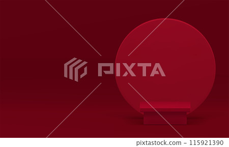Red 3d squared podium with round wall background for promo realistic vector illustration Red 3d squared podium with round wall background for promo realistic vector illustration 115921390