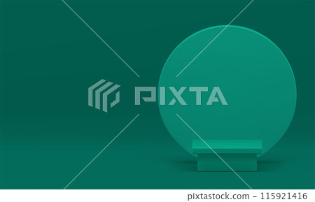 Green 3d squared podium with round wall background for show realistic vector illustration Green 3d squared podium with round wall background for show realistic vector illustration 115921416