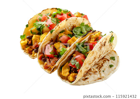 Delicious Mexican Breakfast tacos filled with fresh ingredients like meat, onions, and cilantro 115921432