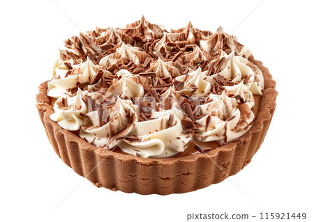 Close-up of a chocolate cream pie featuring a golden crust, zesty lemon filling isolated on white transparent background Close-up of a chocolate cream pie featuring a golden crust, zesty lemon filling isolated on white transparent background 115921449