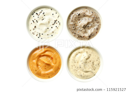 An assortment of Ranch Dips displayed in bowls isolated on transparent white background 115921527