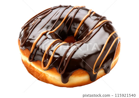 Closeup view of a chocolate glazed donut with chocolate drizzle, isolated on white transparent background 115921540