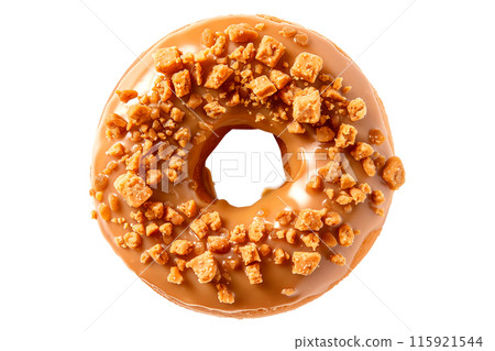 Closeup view of a caramel glazed donut with chocolate drizzle, isolated on white transparent background 115921544