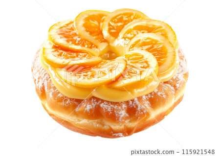 Dessert like Paris Brest isolated on a white transparent background with sugar and almond leaves and almond creme 115921548