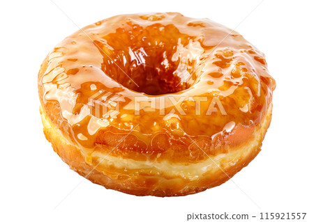 Closeup view of a caramel glazed donut with chocolate drizzle, isolated on white transparent background 115921557
