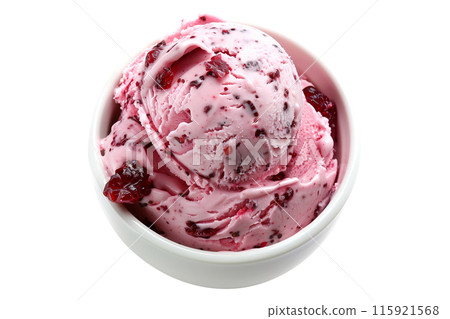 Scoops of sweet and creamy cherry flavored pink ice cream isolated on white transparent background 115921568
