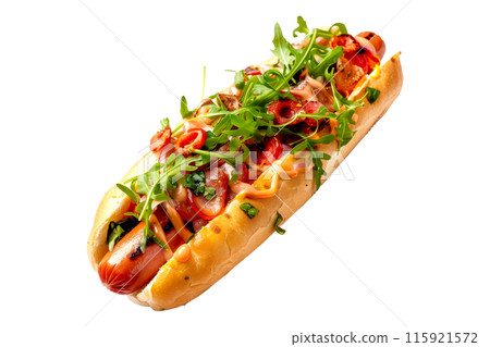 Classic Italian hot dog with ketchup and mustard on a soft bun a isolated on white transparent background 115921572