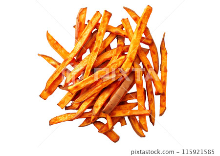Crispy Sweet Potato French fries isolated on white transparent background, perfect for snacking, quick and tasty treat Crispy Sweet Potato French fries isolated on white transparent background, perfect for snacking, quick and tasty treat 115921585