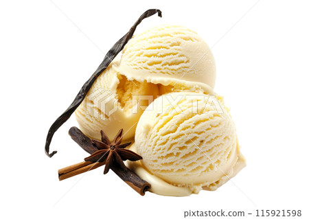 Scoops of sweet and creamy Vanilla flavored ice cream isolated on white transparent background 115921598