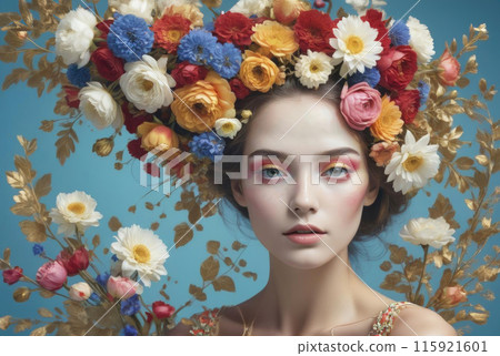 Vibrant floral crown adorns a person against a pastel blue backdrop, evoking a spring fashion concept 115921601
