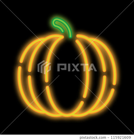 Neon glowing pumpkin fruit. Autumn harvesting. Autumn Halloween pumpkins. Edible plants. Glowing neon icon isolated on black background Neon glowing pumpkin fruit. Autumn harvesting. Autumn Halloween pumpkins. Edible plants. Glowing neon icon isolated on black background 115921609
