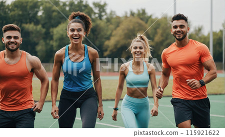A group of friends in athletic wear jogging on a track, radiating joy and energy. 115921622