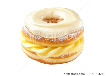 Dessert like Paris Brest isolated on a white transparent background with sugar and almond leaves and almond creme 115921698