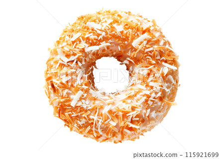 Closeup view of a coconut glazed donut with chocolate drizzle, isolated on white transparent background 115921699