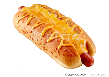 Classic hot dog with ketchup and mustard on a soft bun a isolated on white transparent background 115921702