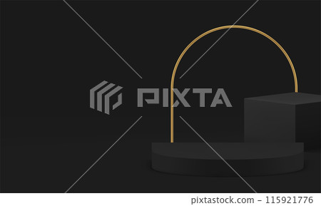 Luxury 3d black geometric podium pedestal mock up for product show realistic vector illustration Luxury 3d black geometric podium pedestal mock up for product show realistic vector illustration 115921776