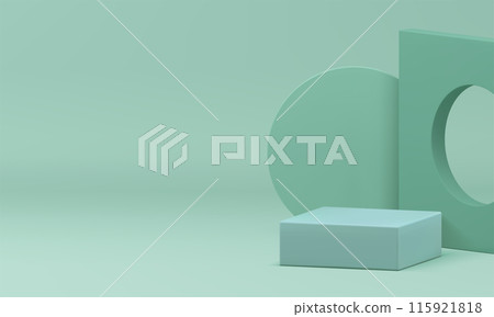 3d green podium with geometric shapes wall background for show realistic vector illustration 3d green podium with geometric shapes wall background for show realistic vector illustration 115921818