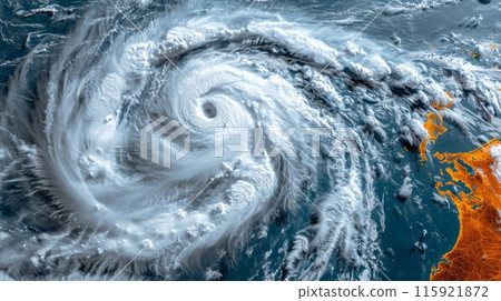 Hurricane over the ocean, satellite view. High quality illustration 115921872