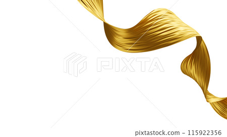 Abstract golden luxury fabric waving on white background with copy space Gold cloth flowing 3D render 115922356