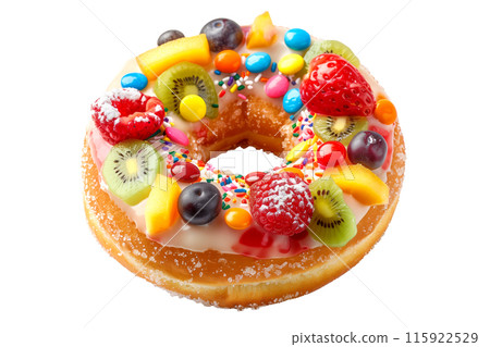 Closeup view of donut topped with fresh kiwi, strawberry, and assorted berries isolated on white transparent background. 115922529