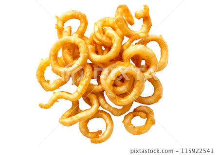 Crispy Curly French fries isolated on white transparent background, perfect for snacking, quick and tasty treat 115922541