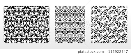 Geometric floral set of seamless patterns. White and black vector backgrounds. Damask graphic ornaments. 115922547