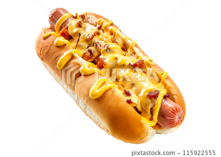 Classic hot dog with ketchup and mustard on a soft bun a isolated on white transparent background 115922555
