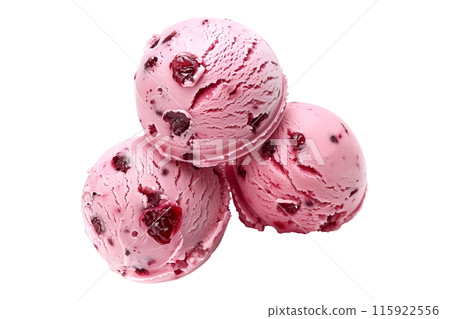 Scoops of sweet and creamy cherry flavored pink ice cream isolated on white transparent background 115922556