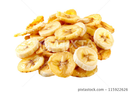 A closeup view pile of crispy banana chips snack isolated on white, perfect for snacking and part of a healthy diet 115922626