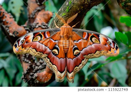 A vibrant Atlas moth butterfly, wing with eye-like markings and orange-brown hues rests among the foliage of a garden. A vibrant Atlas moth butterfly, wing with eye-like markings and orange-brown hues rests among the foliage of a garden. 115922749