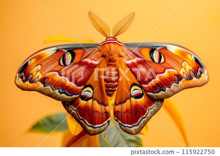 A vibrant Atlas moth butterfly, wing with eye-like markings and orange-brown hues rests on bold yellow background A vibrant Atlas moth butterfly, wing with eye-like markings and orange-brown hues rests on bold yellow background 115922750