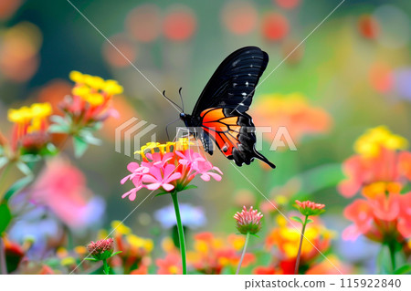 Beautiful Black and Red butterfly rests among the foliage of a garden 115922840