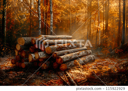 Sunlit forest path with cut tree logs. Misty atmosphere with sunlight filtering through tall trees 115922929