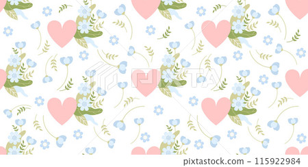 Romantic floral seamless pattern. Gently blue flowers and leaves with heart on white background. Vector horizontal illustration Romantic floral seamless pattern. Gently blue flowers and leaves with heart on white background. Vector horizontal illustration 115922984