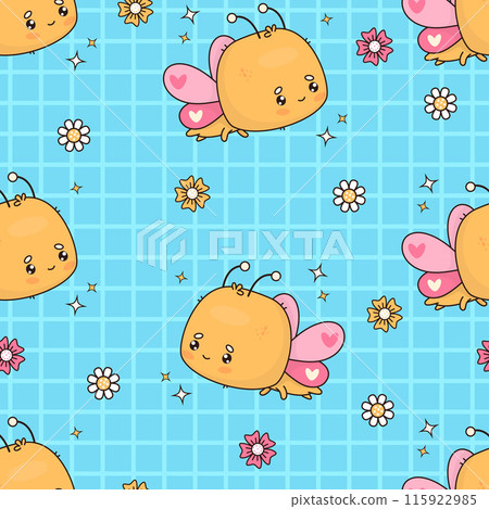 Seamless pattern with funny flying butterfly on checkered blue background with flowers. Vector illustration. Cartoon insect kawaii character. Kids collection. Seamless pattern with funny flying butterfly on checkered blue background with flowers. Vector illustration. Cartoon insect kawaii character. Kids collection. 115922985
