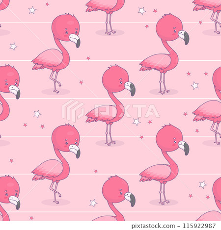 Seamless pattern with cute flamingo on pink striped background. Funny cartoon kawaii bird character. Vector illustration. Kids collection. 115922987
