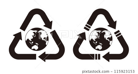 An environmental illustration set with a black and white globe with the ocean filled in and a triangle surrounded by three arrows 115923153