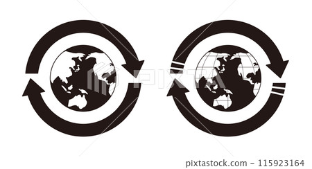 Set of environment, economy and logistics illustrations with two arrows encircling a black and white globe with the ocean filled in 115923164